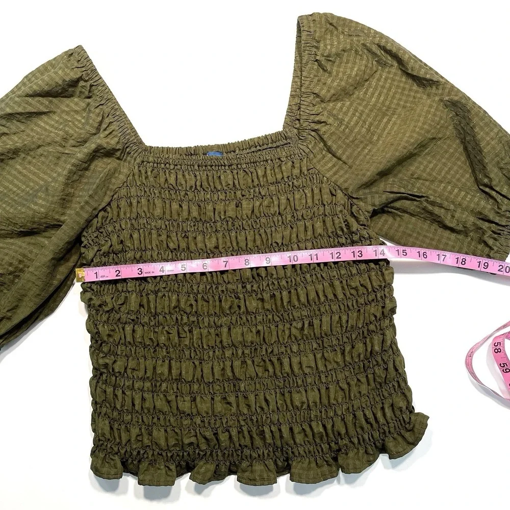 Old Navy Top Med Olive SS Smocked Puff Sleeve Ruffle Blouse Cottagecore Peasant